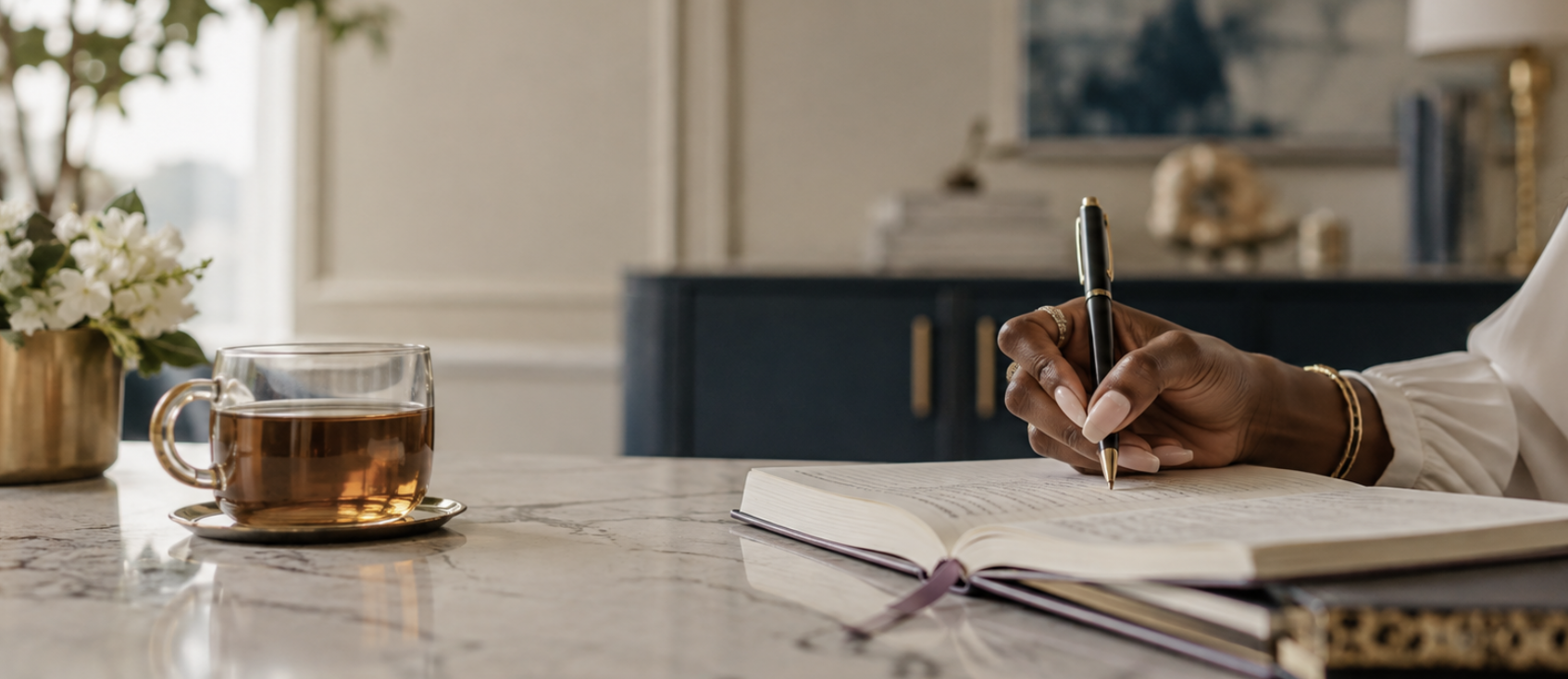 Tea, a journal, and a quiet moment at the counter