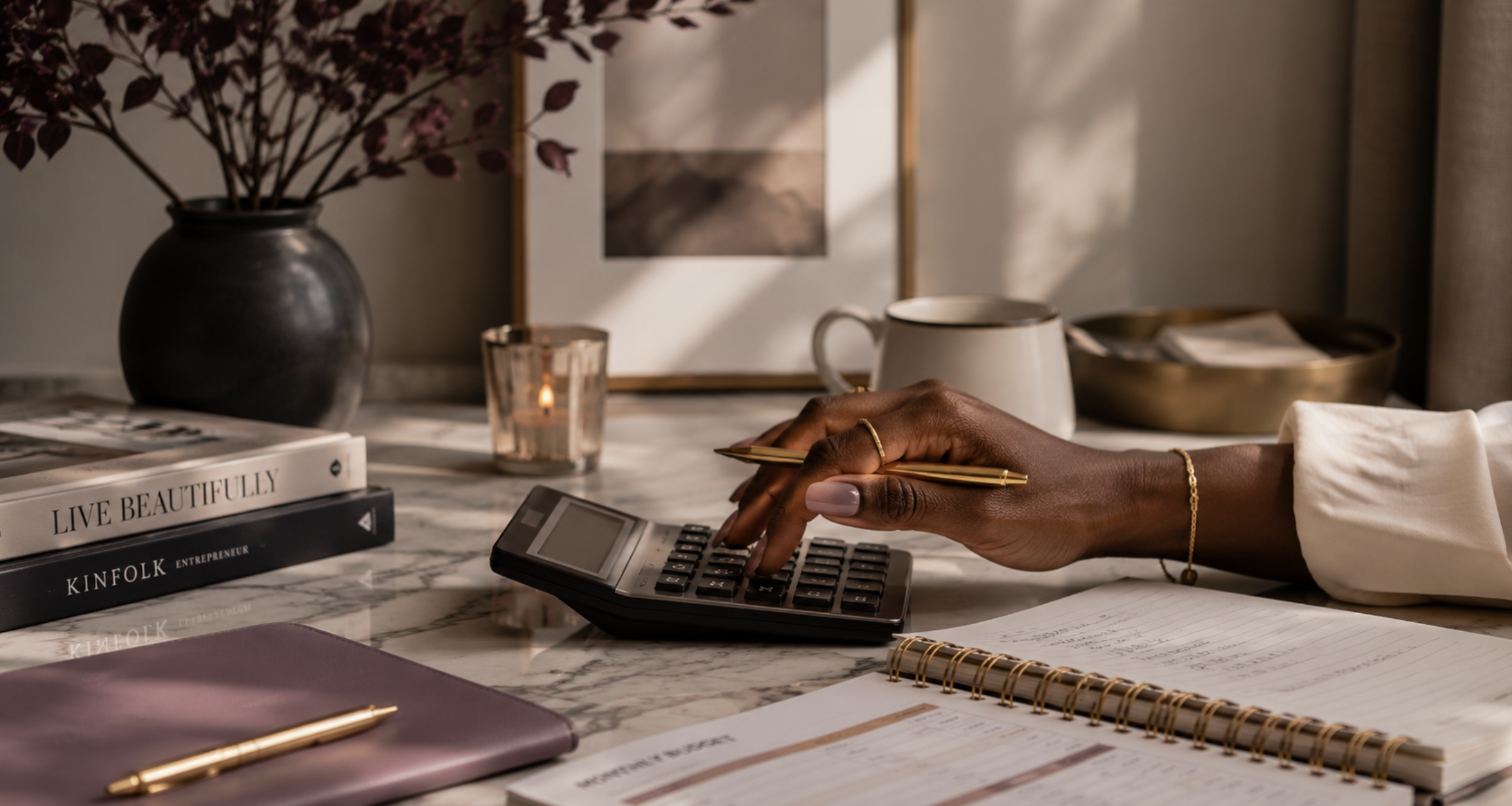 Desk with calculator and planning notebook
