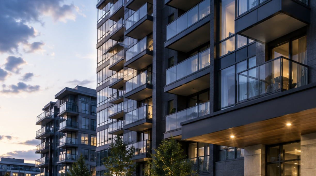 Luxury condo balconies at dusk
