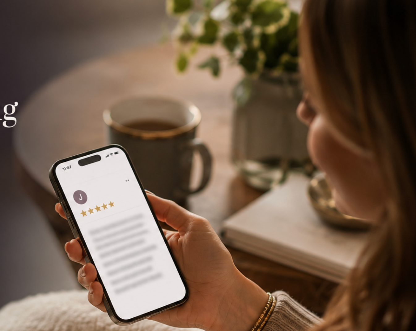 Reading a 5-star review on a phone